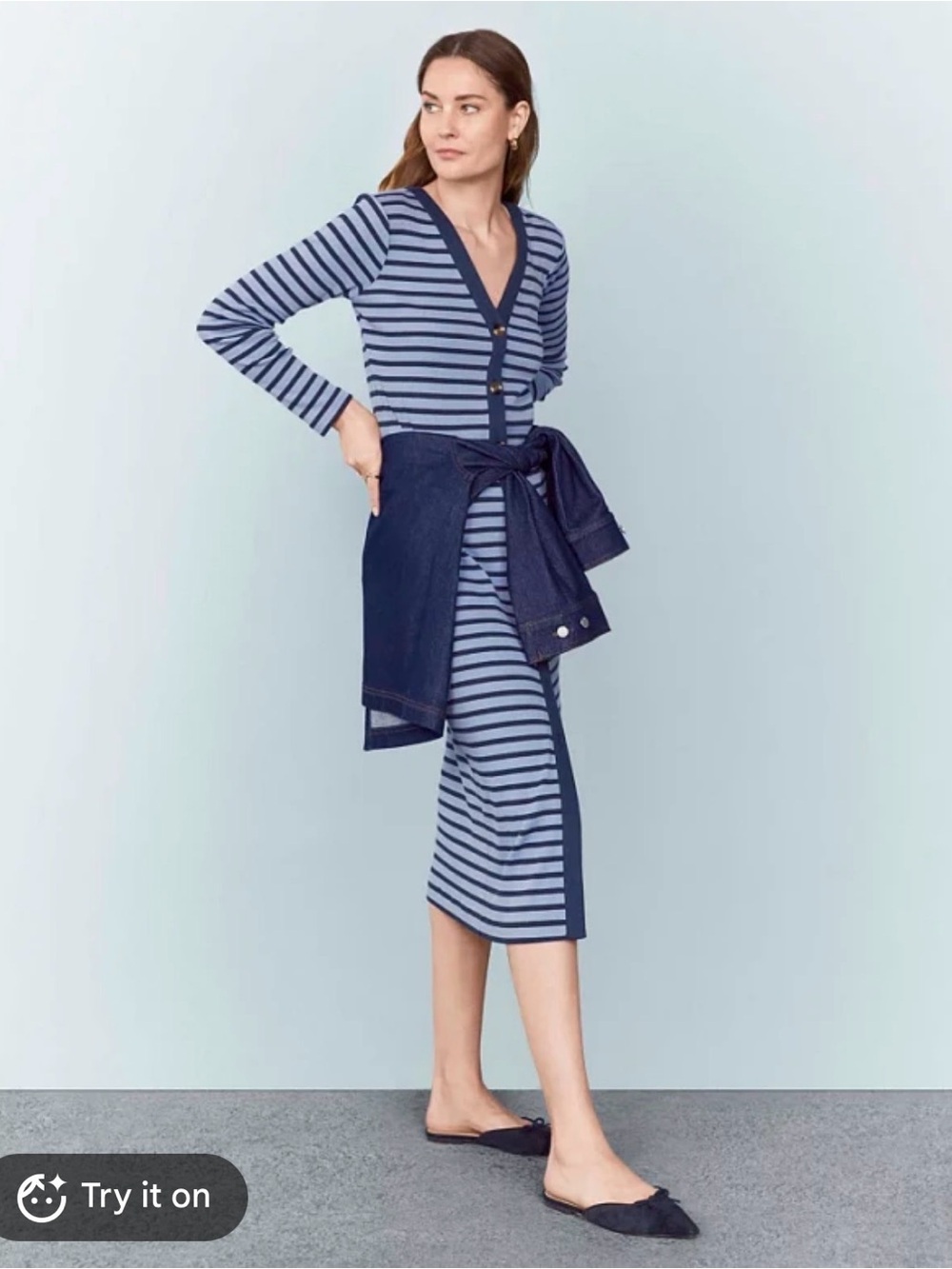 Ann Taylor Navy and Light Blue Striped V‑Neck Midi Dress